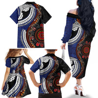 Fiji and Australia Together Family Matching Off The Shoulder Long Sleeve Dress and Hawaiian Shirt Kangaroo Aboriginal with Tribal Tapa Hibiscus Half Style - Polynesian Pride