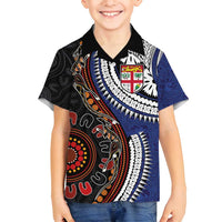 Fiji and Australia Together Family Matching Off Shoulder Maxi Dress and Hawaiian Shirt Kangaroo Aboriginal with Tribal Tapa Hibiscus Half Style - Polynesian Pride