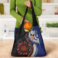 Fiji and Australia Together Grocery Bag Kangaroo Aboriginal with Tribal Tapa Hibiscus Half Style - Polynesian Pride
