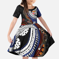 Fiji and Australia Together Kid Short Sleeve Dress Kangaroo Aboriginal with Tribal Tapa Hibiscus Half Style - Polynesian Pride