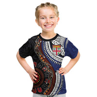 Fiji and Australia Together Kid T Shirt Kangaroo Aboriginal with Tribal Tapa Hibiscus Half Style - Polynesian Pride