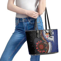 Fiji and Australia Together Leather Tote Bag Kangaroo Aboriginal with Tribal Tapa Hibiscus Half Style - Polynesian Pride