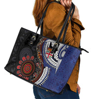 Fiji and Australia Together Leather Tote Bag Kangaroo Aboriginal with Tribal Tapa Hibiscus Half Style - Polynesian Pride