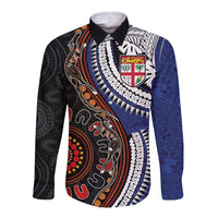 Fiji and Australia Together Long Sleeve Button Shirt Kangaroo Aboriginal with Tribal Tapa Hibiscus Half Style - Polynesian Pride