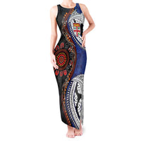 Fiji and Australia Together Tank Maxi Dress Kangaroo Aboriginal with Tribal Tapa Hibiscus Half Style - Polynesian Pride