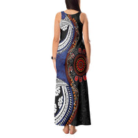 Fiji and Australia Together Tank Maxi Dress Kangaroo Aboriginal with Tribal Tapa Hibiscus Half Style - Polynesian Pride