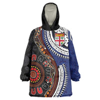 Fiji and Australia Together Wearable Blanket Hoodie Kangaroo Aboriginal with Tribal Tapa Hibiscus Half Style - Polynesian Pride