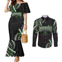 Traditional Art Hawaiian Kakau Tattoos Couples Matching Mermaid Dress and Long Sleeve Button Shirt Green Color - Polynesian Pride