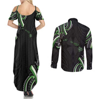 Traditional Art Hawaiian Kakau Tattoos Couples Matching Summer Maxi Dress and Long Sleeve Button Shirt Green Color - Polynesian Pride