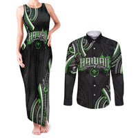 Traditional Art Hawaiian Kakau Tattoos Couples Matching Tank Maxi Dress and Long Sleeve Button Shirt Green Color - Polynesian Pride