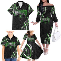 Traditional Art Hawaiian Kakau Tattoos Family Matching Off The Shoulder Long Sleeve Dress and Hawaiian Shirt Green Color - Polynesian Pride