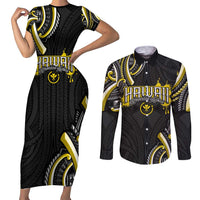 Traditional Art Hawaiian Kakau Tattoos Couples Matching Short Sleeve Bodycon Dress and Long Sleeve Button Shirt Yellow Color - Polynesian Pride