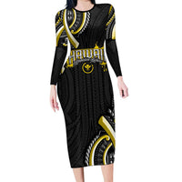 Traditional Art Hawaiian Kakau Tattoos Long Sleeve Bodycon Dress Yellow Color - Polynesian Pride