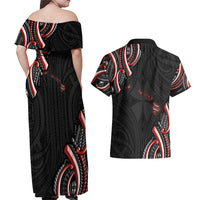 Traditional Art Hawaiian Kakau Tattoos Couples Matching Off Shoulder Maxi Dress and Hawaiian Shirt Red Color - Polynesian Pride
