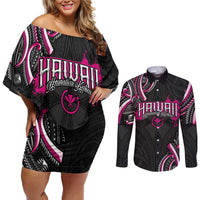 Traditional Art Hawaiian Kakau Tattoos Couples Matching Off Shoulder Short Dress and Long Sleeve Button Shirt Pink Color LT03 Pink - Polynesian Pride