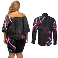 Traditional Art Hawaiian Kakau Tattoos Couples Matching Off Shoulder Short Dress and Long Sleeve Button Shirt Pink Color LT03 - Polynesian Pride