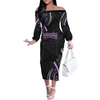 Traditional Art Hawaiian Kakau Tattoos Off The Shoulder Long Sleeve Dress Purple Color - Polynesian Pride