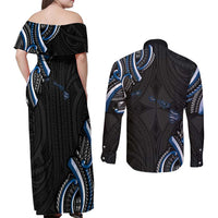 Traditional Art Hawaiian Kakau Tattoos Couples Matching Off Shoulder Maxi Dress and Long Sleeve Button Shirt Blue Color LT03 - Polynesian Pride