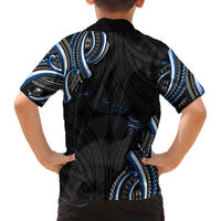 Traditional Art Hawaiian Kakau Tattoos Family Matching Off The Shoulder Long Sleeve Dress and Hawaiian Shirt Blue Color - Polynesian Pride