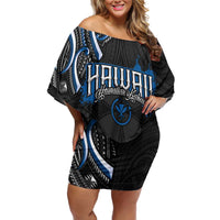 Traditional Art Hawaiian Kakau Tattoos Off Shoulder Short Dress Blue Color - Polynesian Pride