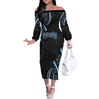 Traditional Art Hawaiian Kakau Tattoos Off The Shoulder Long Sleeve Dress Blue Color - Polynesian Pride