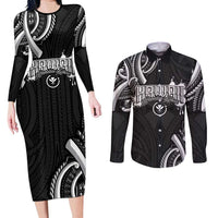 Traditional Art Hawaiian Kakau Tattoos Couples Matching Long Sleeve Bodycon Dress and Long Sleeve Button Shirt White LT03 White - Polynesian Pride