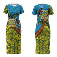 Tuvalu and Australia Together Family Matching Short Sleeve Bodycon Dress and Hawaiian Shirt Tapa Pattern and Aboriginal mix Culture