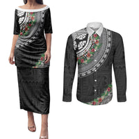 Fiji Hibiscus Couples Matching Puletasi and Long Sleeve Button Shirt Tapa Masi Motifs with Tropical Plants