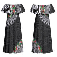 Fiji Hibiscus Family Matching Off Shoulder Maxi Dress and Hawaiian Shirt Tapa Masi Motifs with Tropical Plants