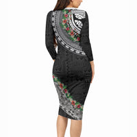 Fiji Hibiscus Long Sleeve Bodycon Dress Tapa Masi Motifs with Tropical Plants
