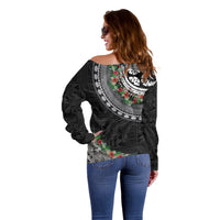 Fiji Hibiscus Off Shoulder Sweater Tapa Masi Motifs with Tropical Plants LT03 - Polynesian Pride