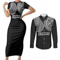 Samoa Traditional Tattoo Couples Matching Short Sleeve Bodycon Dress and Long Sleeve Button Shirt Tribal Tatau Pattern