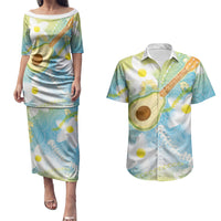 Hawaiian Ukulele Avocado Couples Matching Puletasi and Hawaiian Shirt Leis and Polynesian Pattern