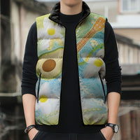 Hawaiian Ukulele Avocado Sleeveless Puffer Jacket Leis and Polynesian Pattern