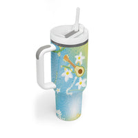 Hawaiian Ukulele Avocado Tumbler With Handle Leis and Polynesian Pattern