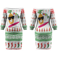 Hawaiian Mele Kalikimaka Couples Matching Off The Shoulder Long Sleeve Dress and Hawaiian Shirt Funny Pineapple Surfing with Map Christmas Stripe Elements