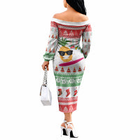 Hawaiian Mele Kalikimaka Off The Shoulder Long Sleeve Dress Funny Pineapple Surfing with Map Christmas Stripe Elements