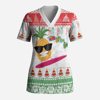 Hawaiian Mele Kalikimaka Scrub Top Funny Pineapple Surfing with Map Christmas Stripe Elements