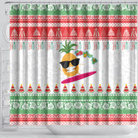Hawaiian Mele Kalikimaka Shower Curtain Funny Pineapple Surfing with Map Christmas Stripe Elements