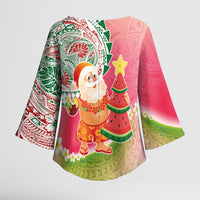 Hawaiian Watermelon Mele Kalikimaka Kimono Sleeve Blouse Tropical Tribal Pattern with Funny Santa Claus