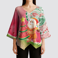 Hawaiian Watermelon Mele Kalikimaka Kimono Sleeve Blouse Tropical Tribal Pattern with Funny Santa Claus