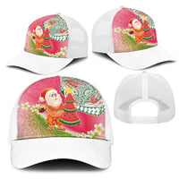 Hawaiian Watermelon Mele Kalikimaka Mesh Trucker Cap Tropical Tribal Pattern with Funny Santa Claus
