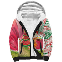 Hawaiian Watermelon Mele Kalikimaka Sherpa Hoodie Tropical Tribal Pattern with Funny Santa Claus