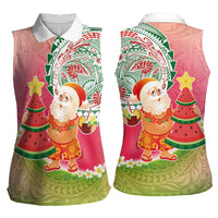 Hawaiian Watermelon Mele Kalikimaka Women Sleeveless Polo Shirt Tropical Tribal Pattern with Funny Santa Claus