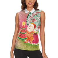 Hawaiian Watermelon Mele Kalikimaka Women Sleeveless Polo Shirt Tropical Tribal Pattern with Funny Santa Claus