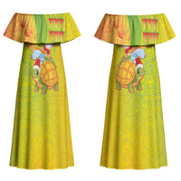 Hawaiian Mango Mele Kalikimaka Couples Matching Off Shoulder Maxi Dress and Long Sleeve Button Shirt Santa Claus Surfing with Turtle Mango Christmas