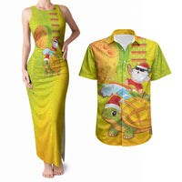 Hawaiian Mango Mele Kalikimaka Couples Matching Tank Maxi Dress and Hawaiian Shirt Santa Claus Surfing with Turtle Mango Christmas