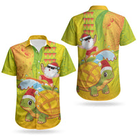 Hawaiian Mango Mele Kalikimaka Couples Matching Tank Maxi Dress and Hawaiian Shirt Santa Claus Surfing with Turtle Mango Christmas