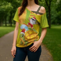 Hawaiian Mango Mele Kalikimaka Cross Shoulder Shirt Santa Claus Surfing with Turtle Mango Christmas