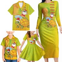 Hawaiian Mango Mele Kalikimaka Family Matching Long Sleeve Bodycon Dress and Hawaiian Shirt Santa Claus Surfing with Turtle Mango Christmas